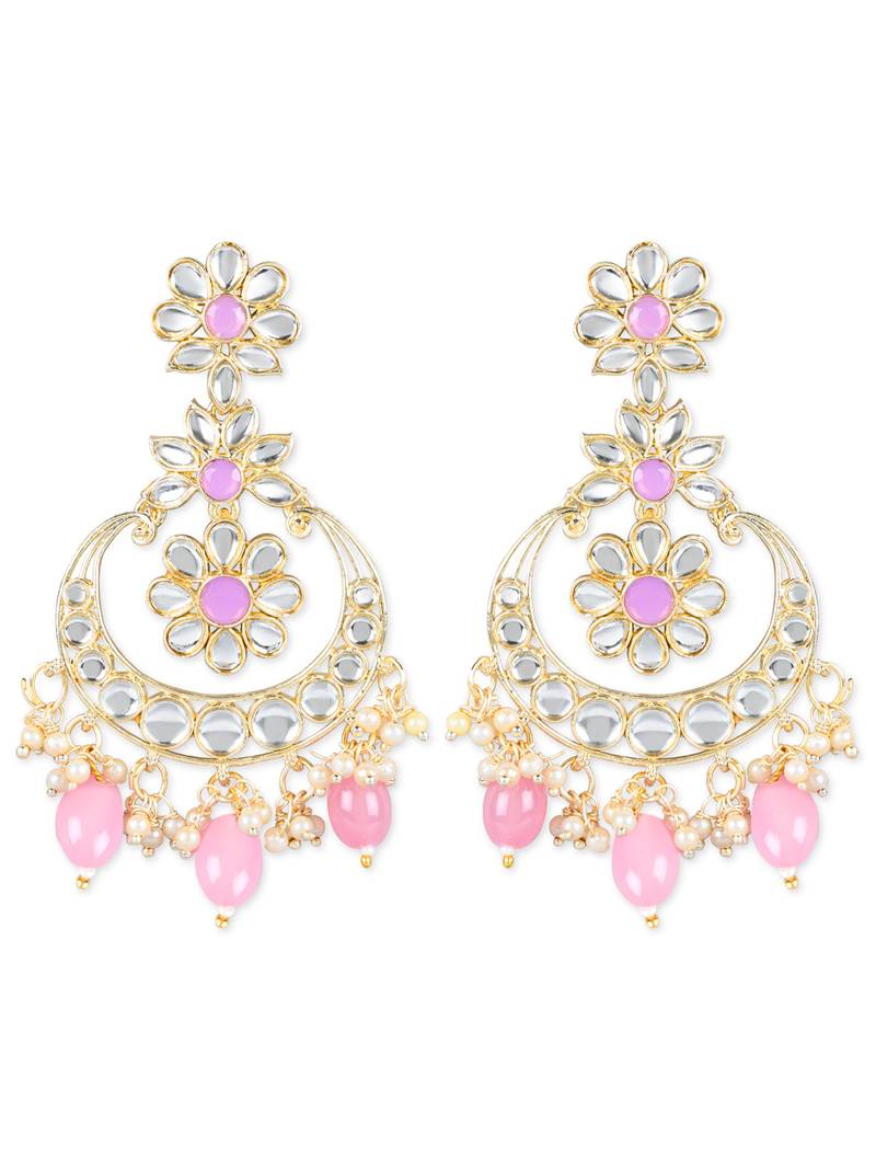 Gold Plated Traditional Kundan & Pearl Chandbali Earrings with Maang Tikka Set for Women/Girls 