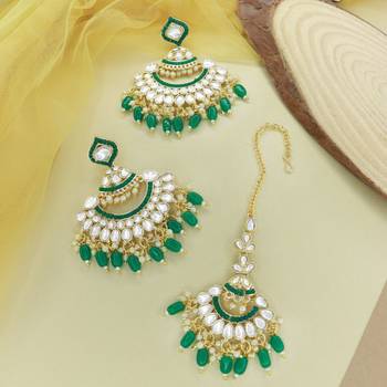 Gold Plated Traditional Kundan & Pearl Chandbali Earrings with Maang Tikka Set for Women/Girls  1