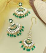 Gold Plated Traditional Kundan & Pearl Chandbali Earrings with Maang Tikka Set for Women/Girls 