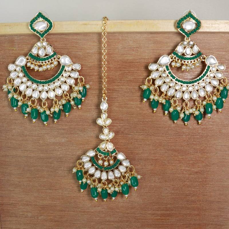 Gold Plated Traditional Kundan & Pearl Chandbali Earrings with Maang Tikka Set for Women/Girls 
