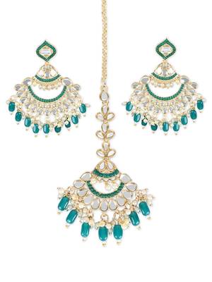 Gold Plated Traditional Kundan & Pearl Chandbali Earrings with Maang Tikka Set for Women/Girls  3