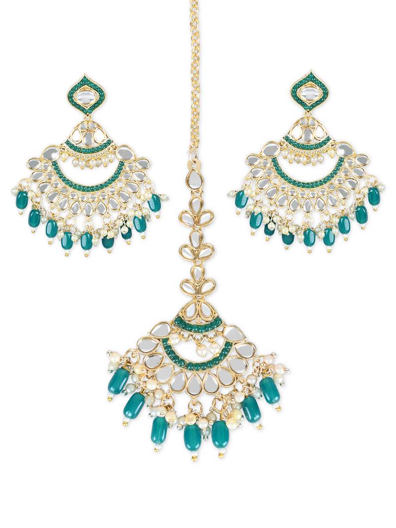Gold Plated Traditional Kundan & Pearl Chandbali Earrings with Maang Tikka Set for Women/Girls 