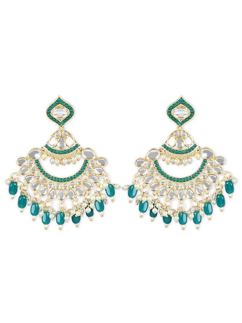 Gold Plated Traditional Kundan & Pearl Chandbali Earrings with Maang Tikka Set for Women/Girls 
