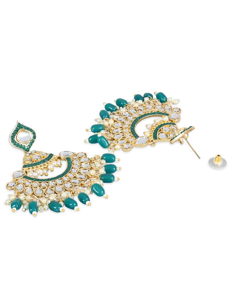 Gold Plated Traditional Kundan & Pearl Chandbali Earrings with Maang Tikka Set for Women/Girls 