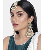 Gold Plated 3 Layered Pearl Kundan Chandbali Earrings with Maang Tikka for Women 