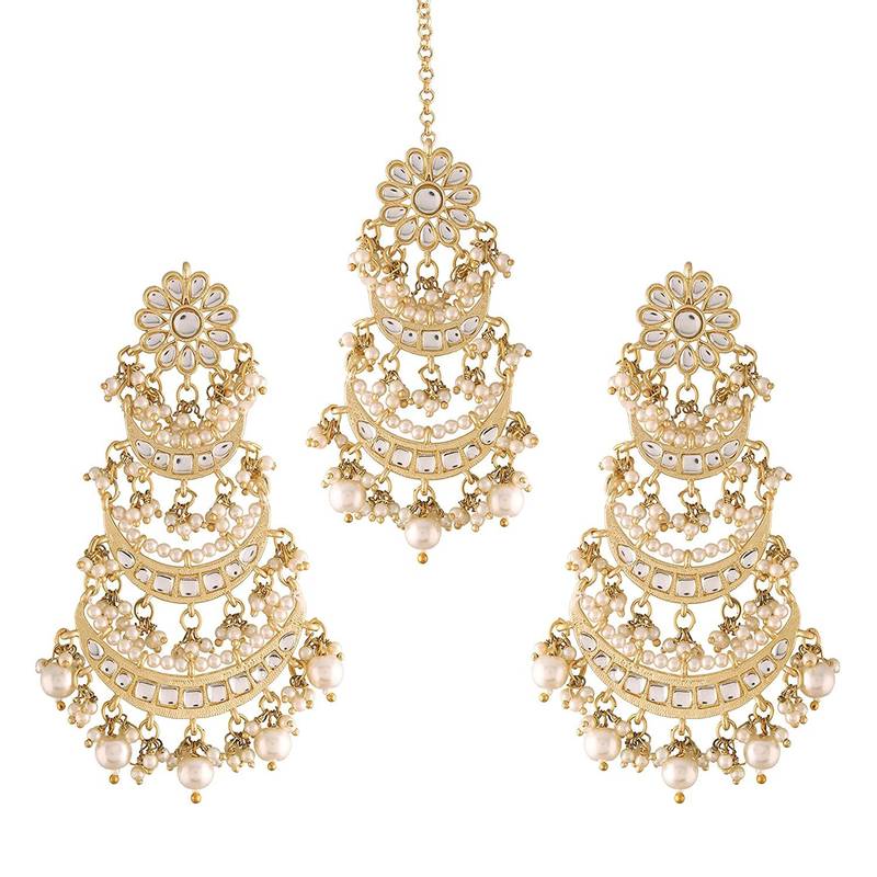 Gold Plated 3 Layered Pearl Kundan Chandbali Earrings with Maang Tikka for Women 