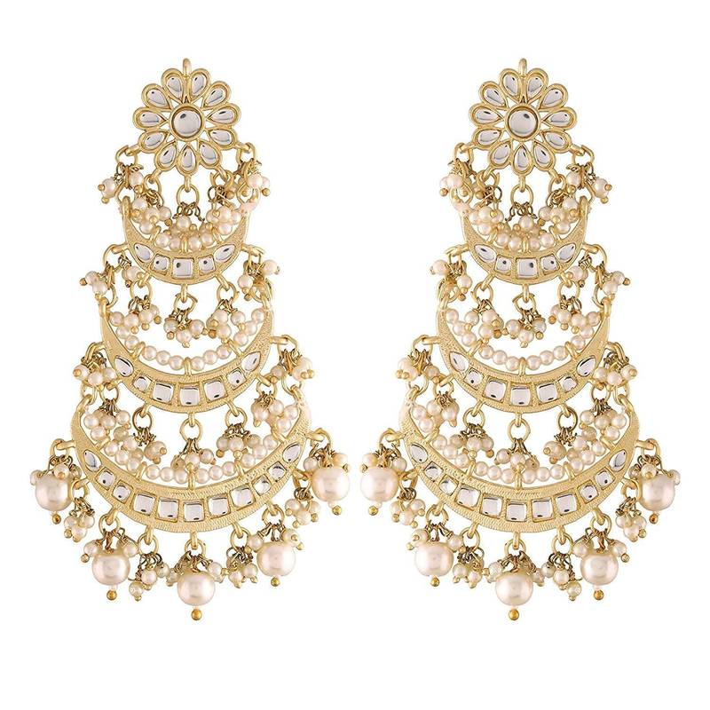 Gold Plated 3 Layered Pearl Kundan Chandbali Earrings with Maang Tikka for Women 