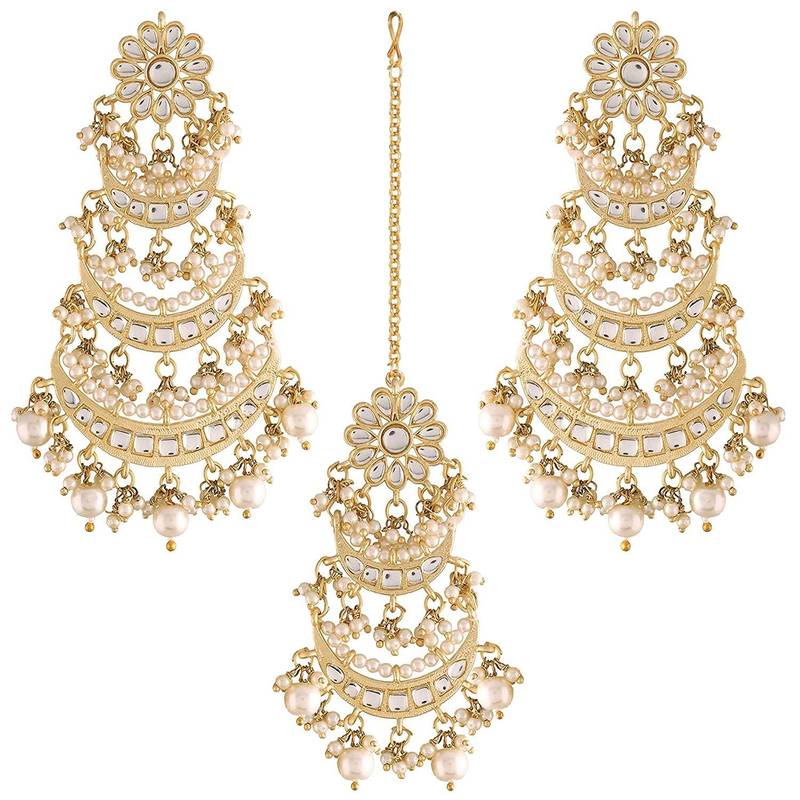 Gold Plated 3 Layered Pearl Kundan Chandbali Earrings with Maang Tikka for Women 