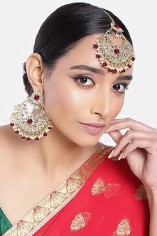 Gold Plated Traditional Big Kundan & Pearl Chandbali Earrings with Maang Tikka Set for Women/Girls (TE2862M)