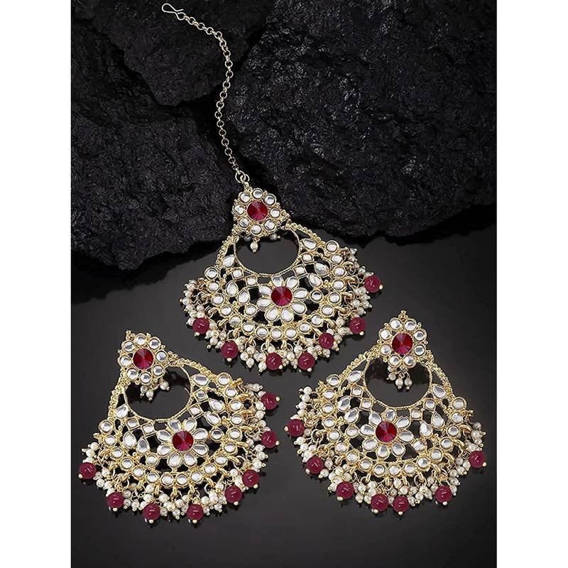Gold Plated Traditional Big Kundan & Pearl Chandbali Earrings with Maang Tikka Set for Women/Girls (TE2862M)