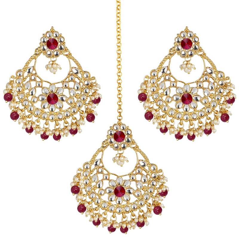 Gold Plated Traditional Big Kundan & Pearl Chandbali Earrings with Maang Tikka Set for Women/Girls (TE2862M)
