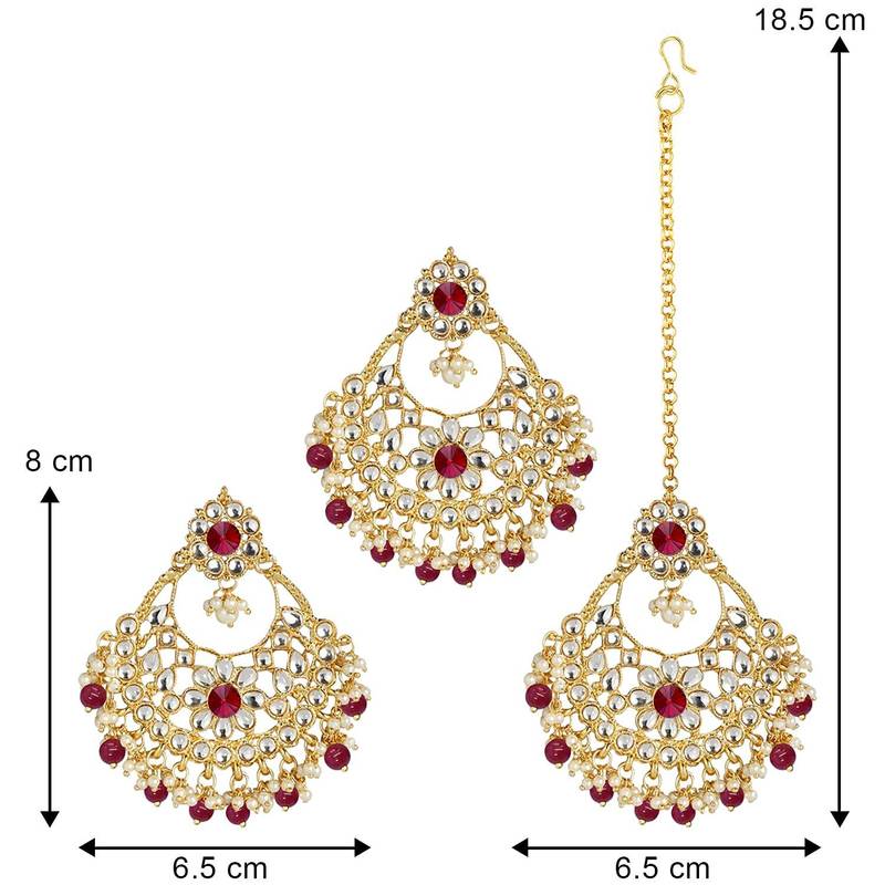 Gold Plated Traditional Big Kundan & Pearl Chandbali Earrings with Maang Tikka Set for Women/Girls (TE2862M)