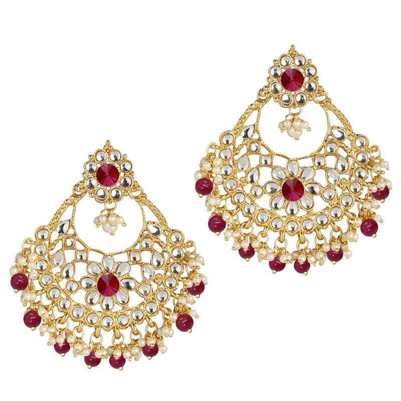 Gold Plated Traditional Big Kundan & Pearl Chandbali Earrings with Maang Tikka Set for Women/Girls (TE2862M)