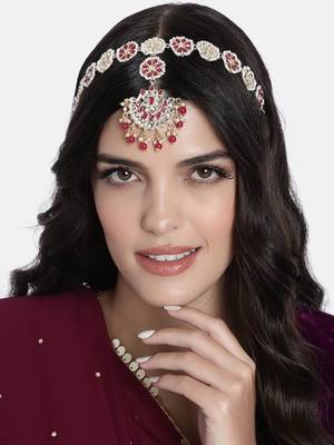 Gold Plated Metal Traditional Floral Kundan Pearl Studded Rajasthani Sheeshphool/SheeshPatti for Women  1