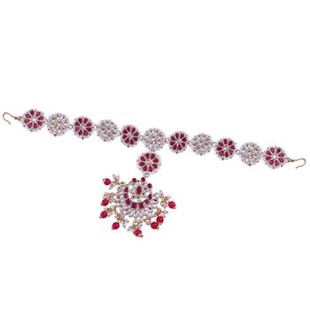 Gold Plated Metal Traditional Floral Kundan Pearl Studded Rajasthani Sheeshphool/SheeshPatti for Women  2