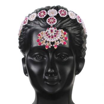Gold Plated Metal Traditional Floral Kundan Pearl Studded Rajasthani Sheeshphool/SheeshPatti for Women  3