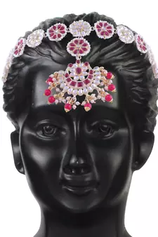 Gold Plated Metal Traditional Floral Kundan Pearl Studded Rajasthani Sheeshphool/SheeshPatti for Women 