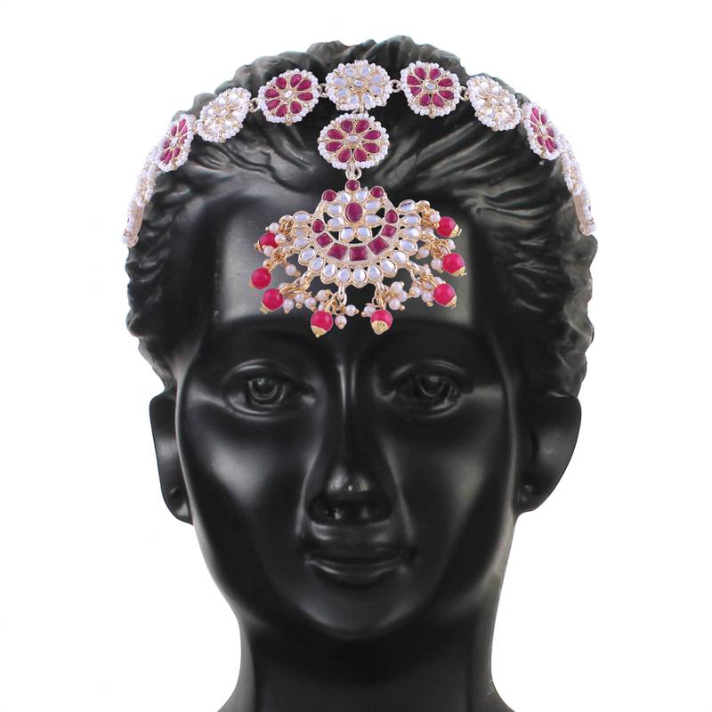 Gold Plated Metal Traditional Floral Kundan Pearl Studded Rajasthani Sheeshphool/SheeshPatti for Women 