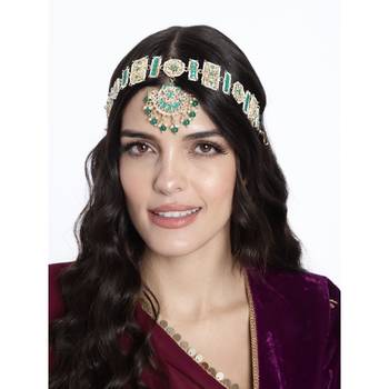 Gold Plated Metal Traditional Floral Kundan Pearl Studded Rajasthani Sheeshphool/SheeshPatti for Women  1