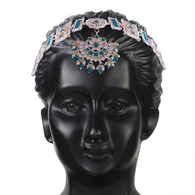 Gold Plated Metal Traditional Floral Kundan Pearl Studded Rajasthani Sheeshphool/SheeshPatti for Women 