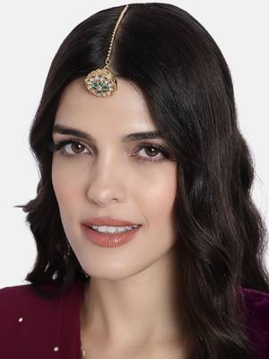 Gold Plated Rajasthani/Rajputi Kundan Pearl Studded Borla Matha Patti Maang Tikka for Women  2