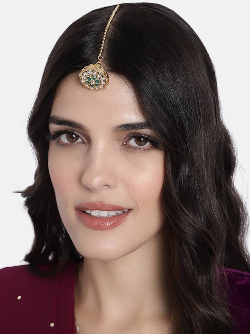 Gold Plated Rajasthani/Rajputi Kundan Pearl Studded Borla Matha Patti Maang Tikka for Women 