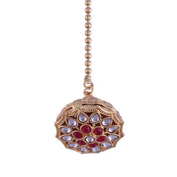 Gold Plated Rajasthani/Rajputi Kundan Pearl Studded Borla Matha Patti Maang Tikka for Women  1
