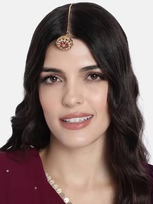 Gold Plated Rajasthani/Rajputi Kundan Pearl Studded Borla Matha Patti Maang Tikka for Women  2