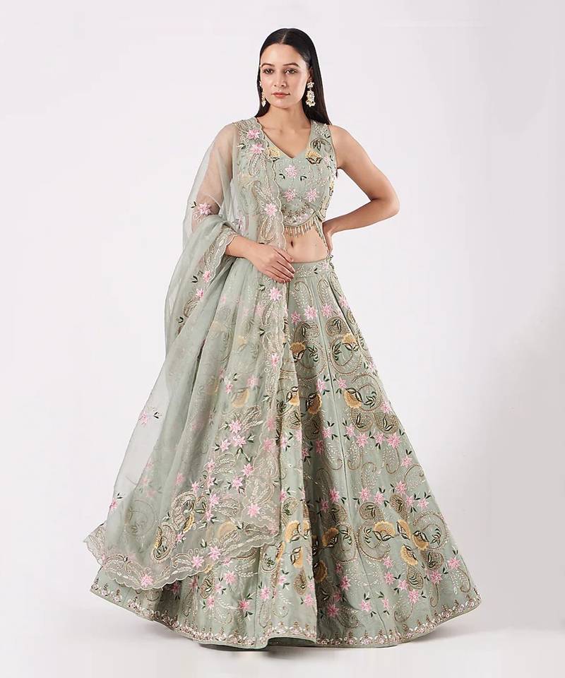 Green Floral Lehenga Set main image 0