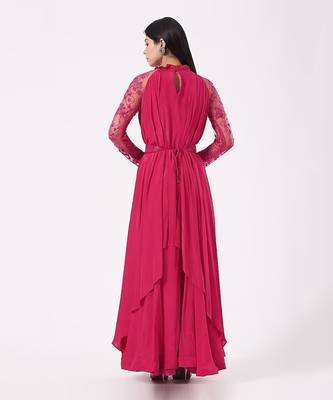 Hot Pink Crepe Gown With Belt. 2