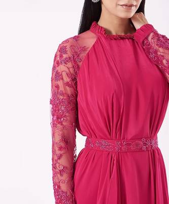 Hot Pink Crepe Gown With Belt. 3
