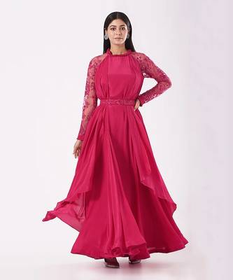 Hot Pink Crepe Gown With Belt. 1