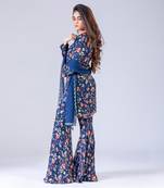 Navy blue printed high neck embroidered kurti with dupatta & gharara