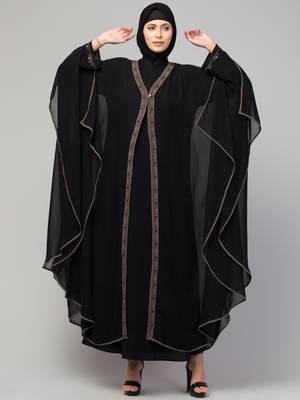 Double layered embroidered designer abaya kaftan black 1