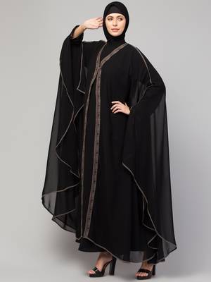 Double layered embroidered designer abaya kaftan black 4