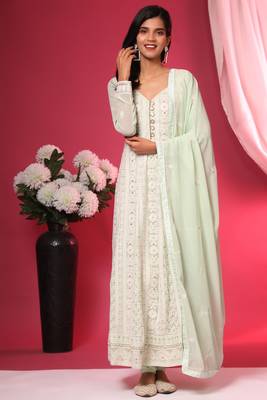 Light-Green Embroidered Faux Georgette Salwar Free size full stitched Up To 42" Size 1