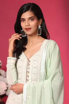 Light-Green Embroidered Faux Georgette Salwar Free size full stitched Up To 42" Size