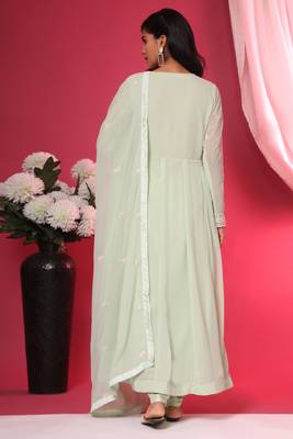 Light-Green Embroidered Faux Georgette Salwar Free size full stitched Up To 42" Size 4
