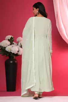 Light-Green Embroidered Faux Georgette Salwar Free size full stitched Up To 42" Size