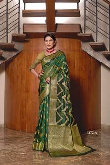Dark Green Woven Organza Saree With Blouse