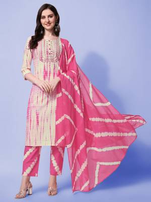 Pink, Cream Shibori Printed Kurta With Pant and Dupatta Set  1
