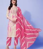 Pink, Cream Shibori Printed Kurta With Pant and Dupatta Set