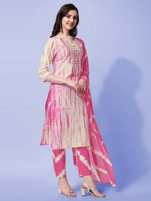 Pink, Cream Shibori Printed Kurta With Pant and Dupatta Set  2