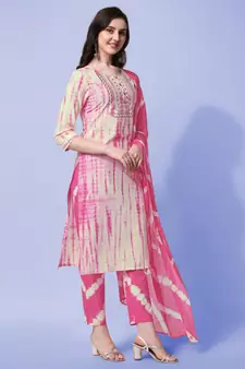 Pink, Cream Shibori Printed Kurta With Pant and Dupatta Set 