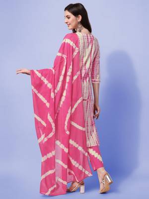 Pink, Cream Shibori Printed Kurta With Pant and Dupatta Set  3