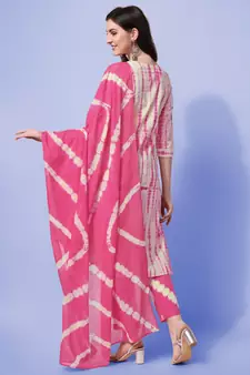 Pink, Cream Shibori Printed Kurta With Pant and Dupatta Set 