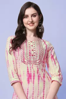 Pink, Cream Shibori Printed Kurta With Pant and Dupatta Set 
