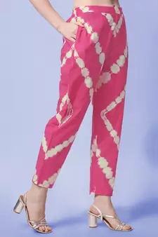 Pink, Cream Shibori Printed Kurta With Pant and Dupatta Set 