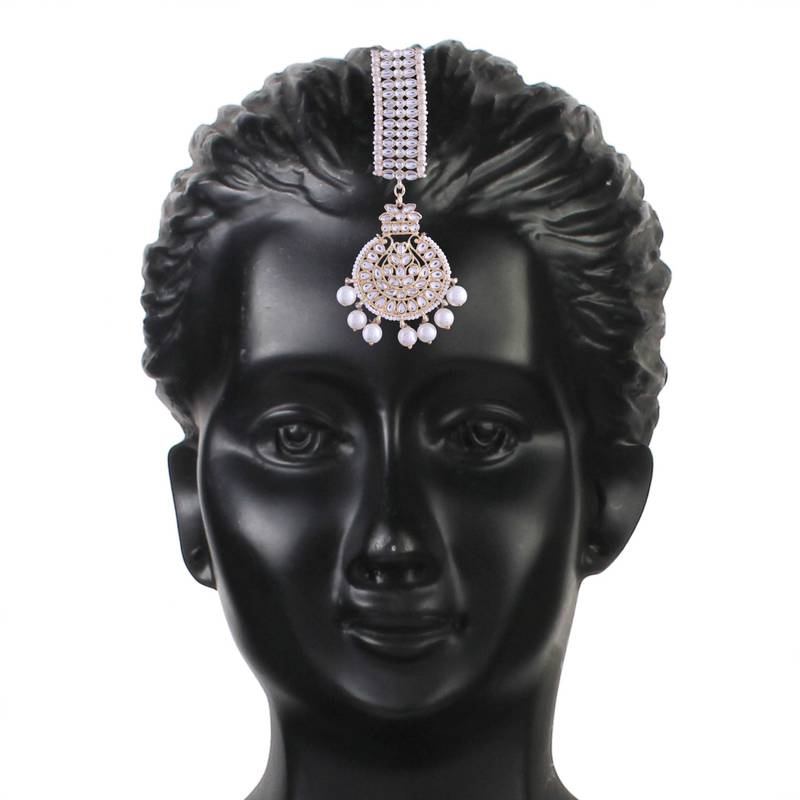 Gold Plated Traditional Kundan Pearl Chandbali Bridal Stylish Maang Tikka for Women 