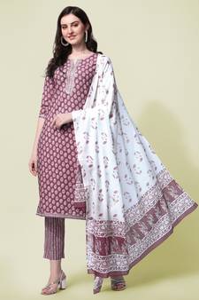 Dusty Rose Pink Jaipuri Printed Gotta Patti Kurta With Pant and Dupatta Set 